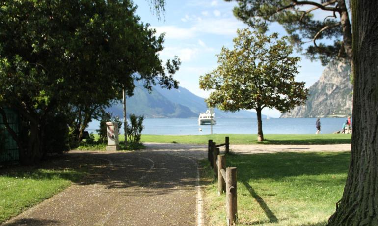 Sentiero alberato verso un lago sereno con barca e montagne.